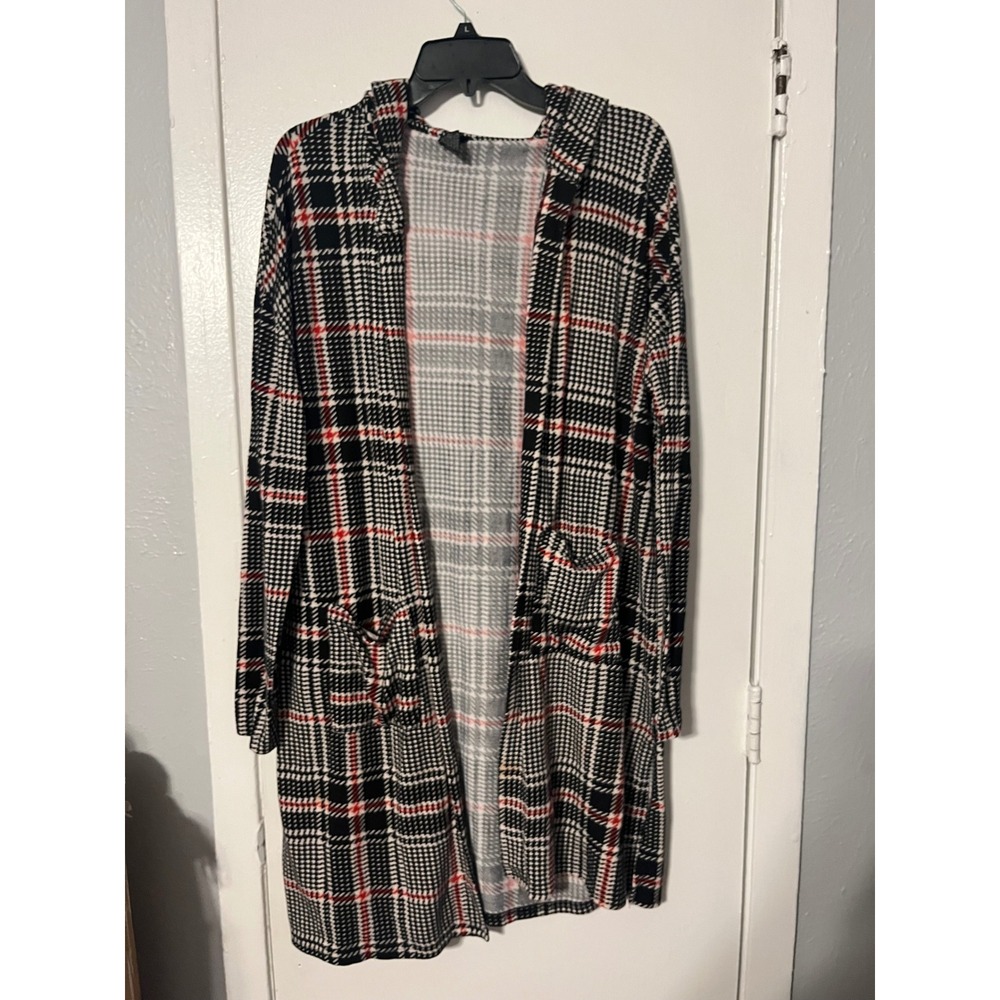 Lildy Womens Plaid Hooded‎ Cardigan Black White Red Open Front Longline L XL